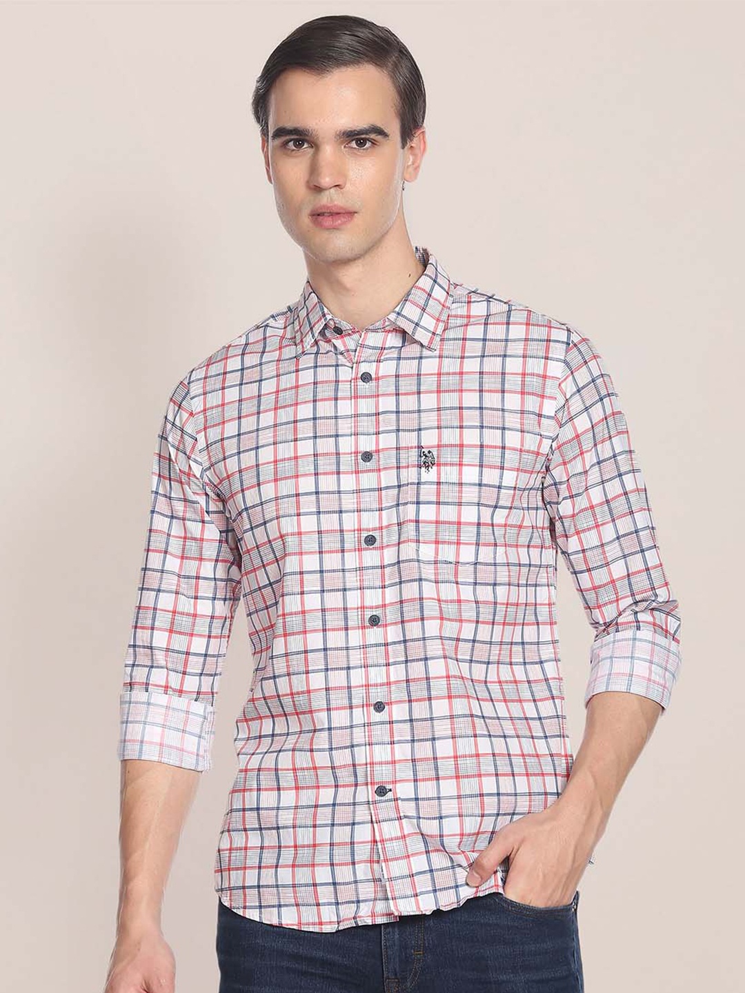 

U.S. Polo Assn. Men Red & Blue Pure Cotton Tailored Fit Tartan Checked Casual Shirt