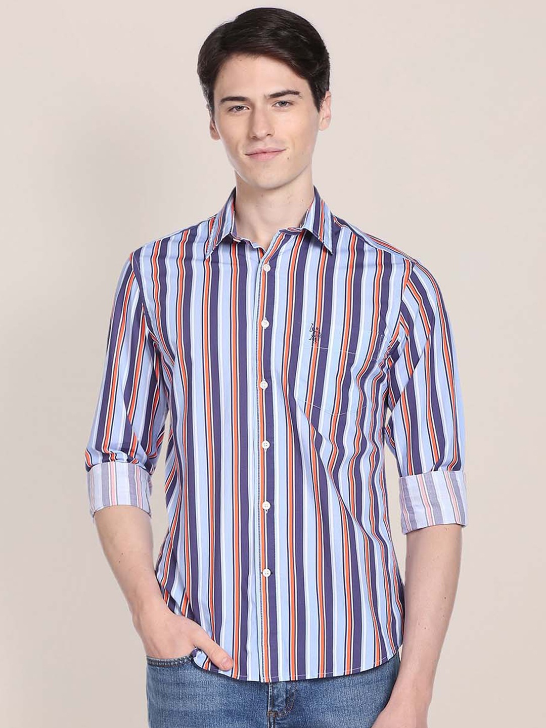 

U.S. Polo Assn. Men Blue & Red Tailored Fit Striped Cotton Casual Shirt