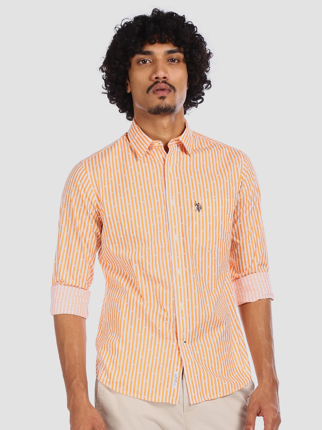 

U.S. Polo Assn. Men Orange & White Pure Cotton Tailored Fit Bengal Striped Casual Shirt