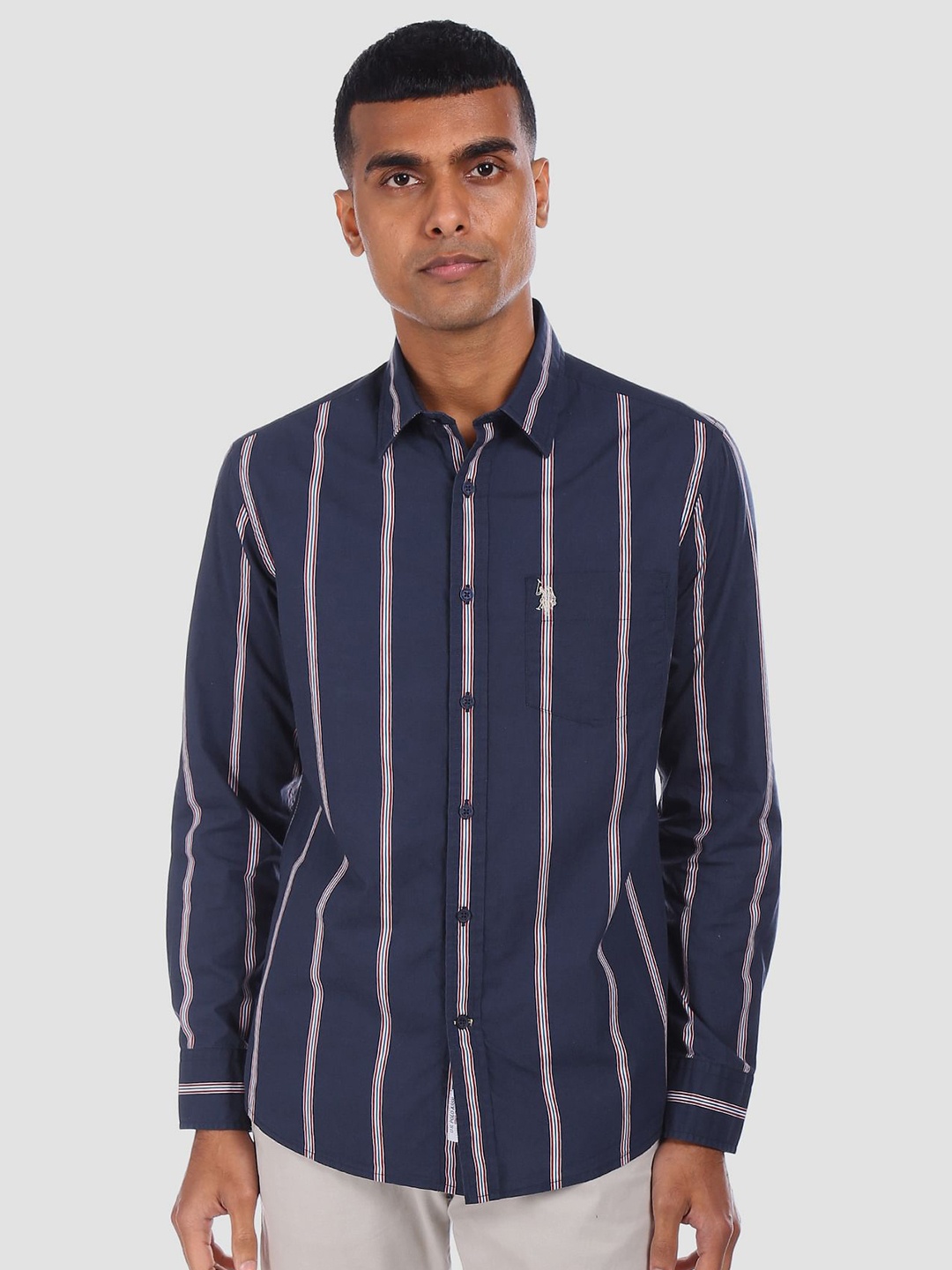 

U.S. Polo Assn. Men Navy Blue & White Tailored Fit Striped Casual Shirt