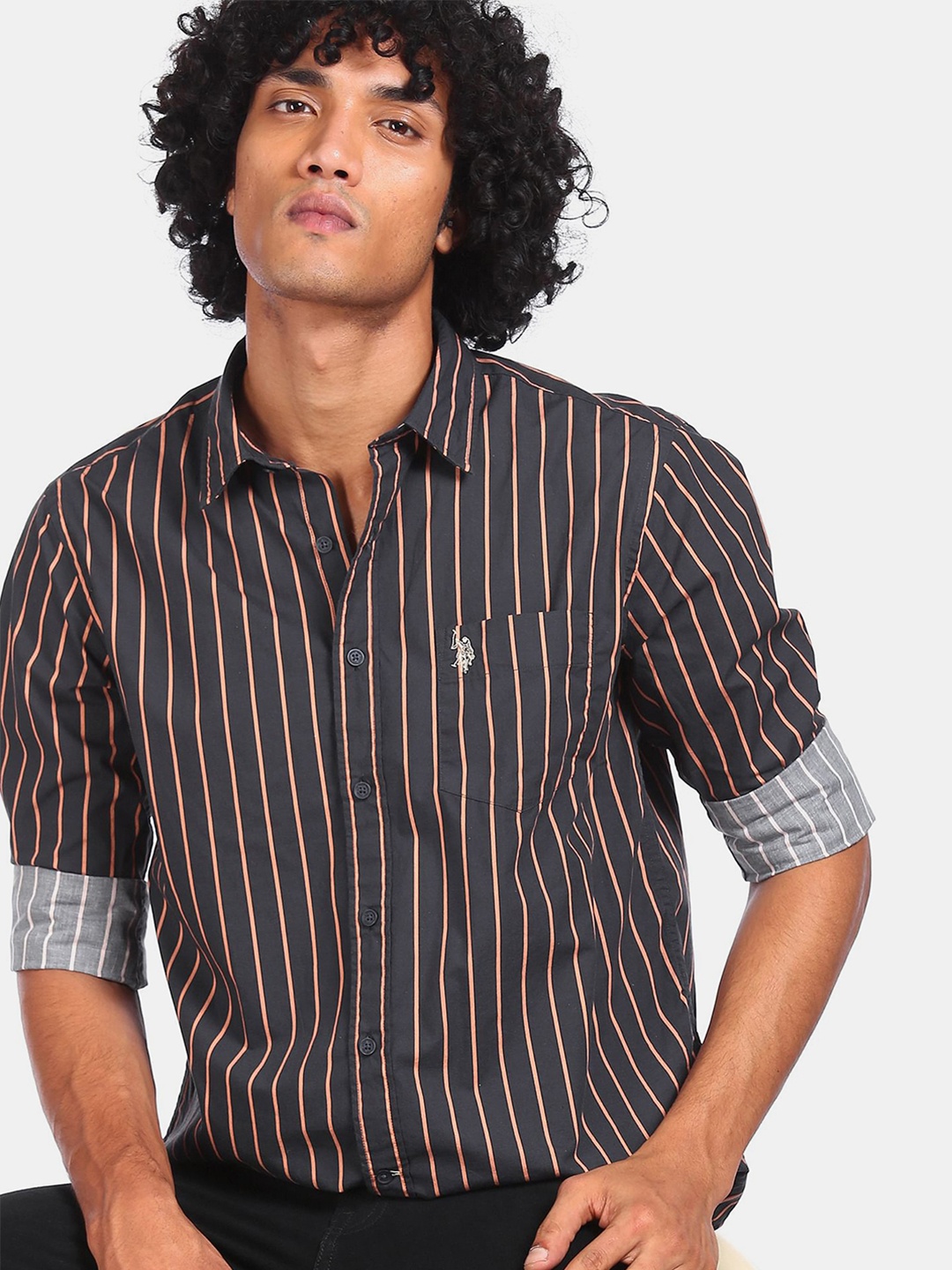 

U.S. Polo Assn. Men Black & Rust Orange Pure Cotton Tailored Fit Striped Casual Shirt