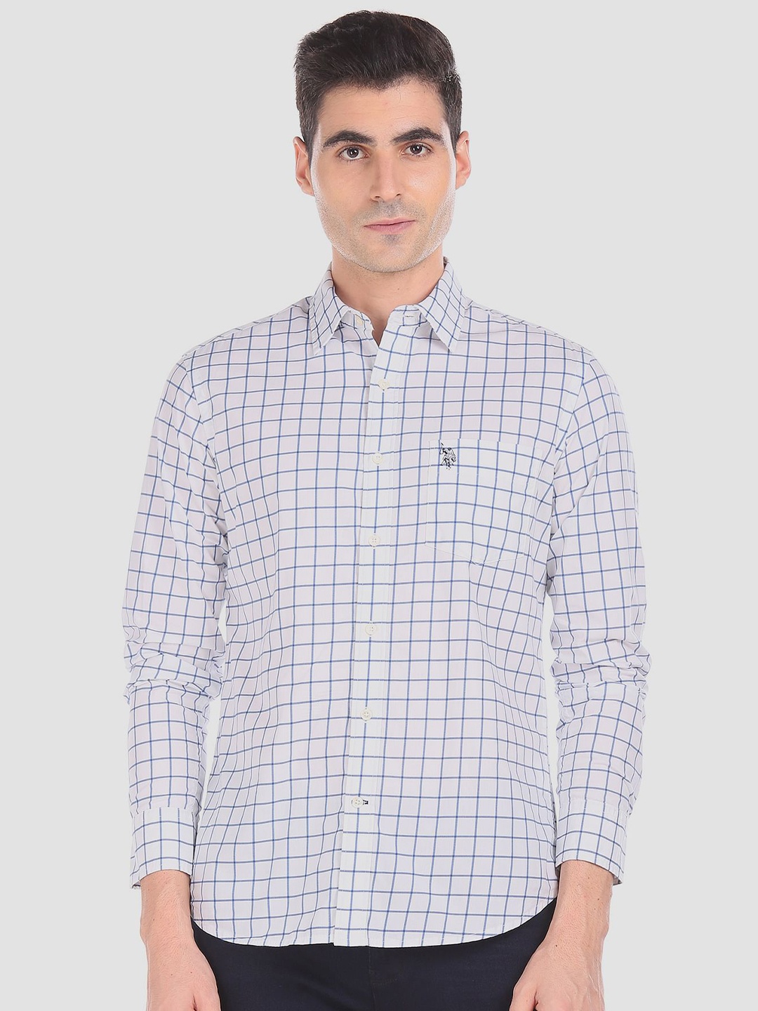 

U.S. Polo Assn. Men Blue & White Tailored Fit Checked Casual Shirt