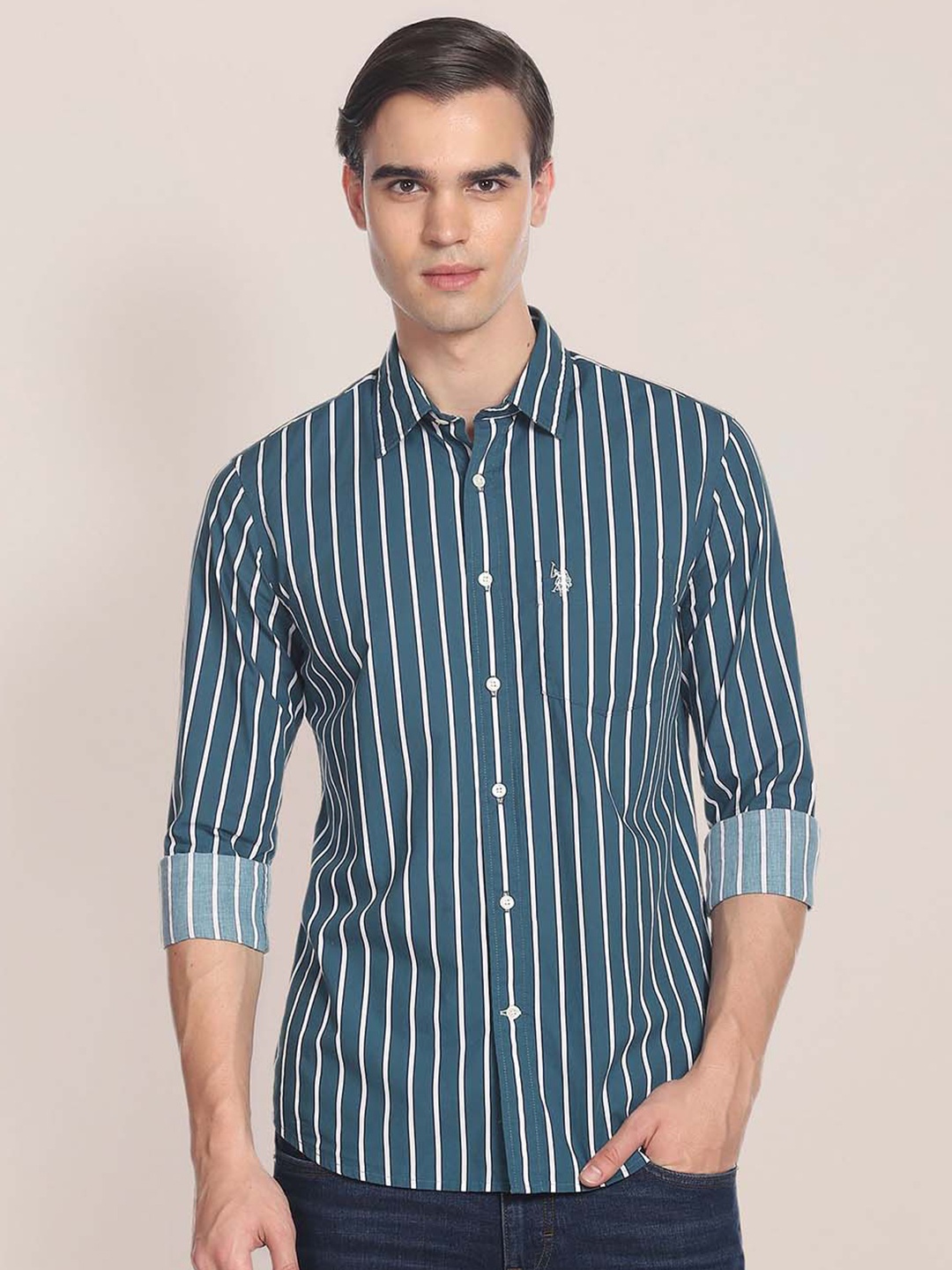 

U.S. Polo Assn. Men Teal Blue & White Tailored Fit Striped Casual Shirt