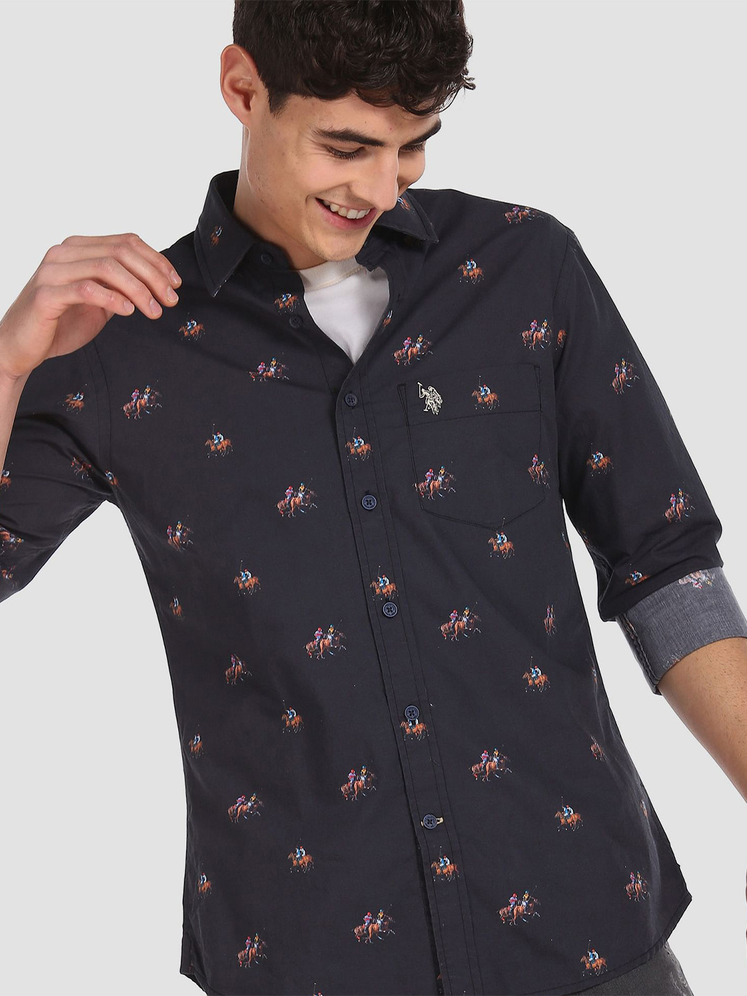 

U.S. Polo Assn. Men Black & Brown Pure Cotton Tailored Fit Brand Logo Print Casual Shirt