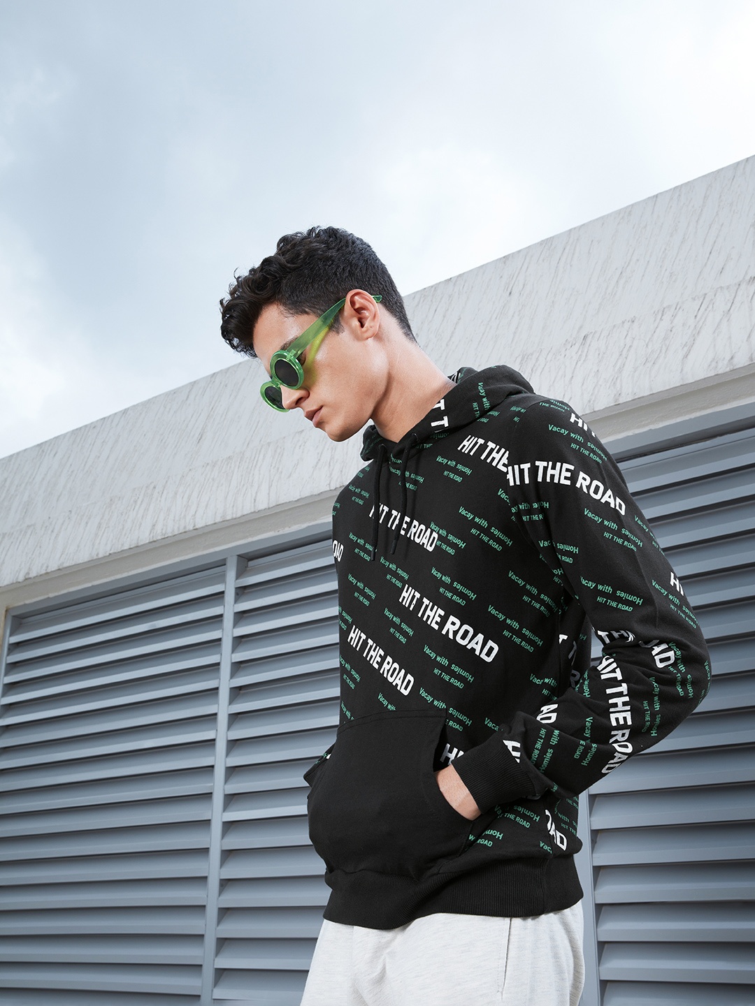 

LOCOMOTIVE Men Black Printed Hooded Sweatshirt