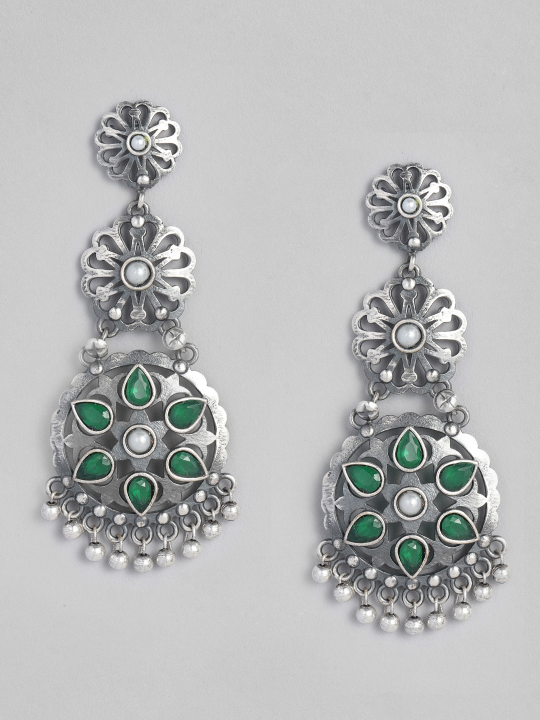 

justpeachy Green Oxidised Silver Plated Circular Drop Earrings