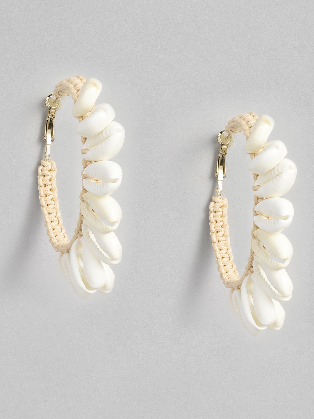 

justpeachy White Circular Cowrie Shell Hoop Earrings