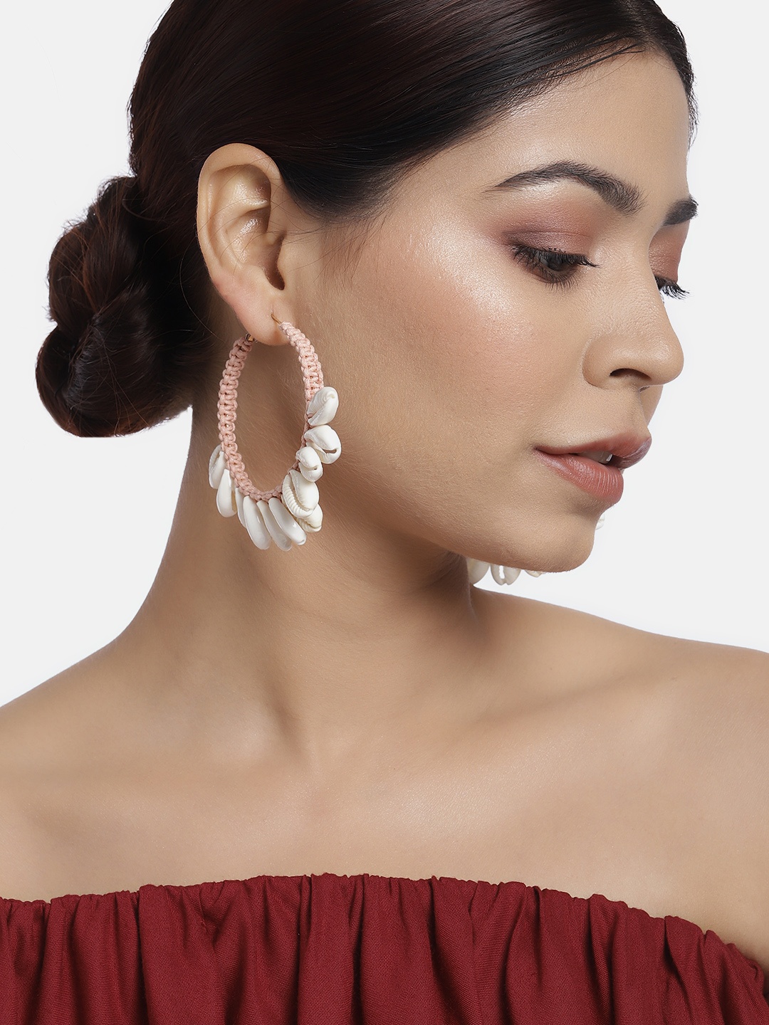 

justpeachy Off-White Circular Cowrie Shell Hoop Earrings