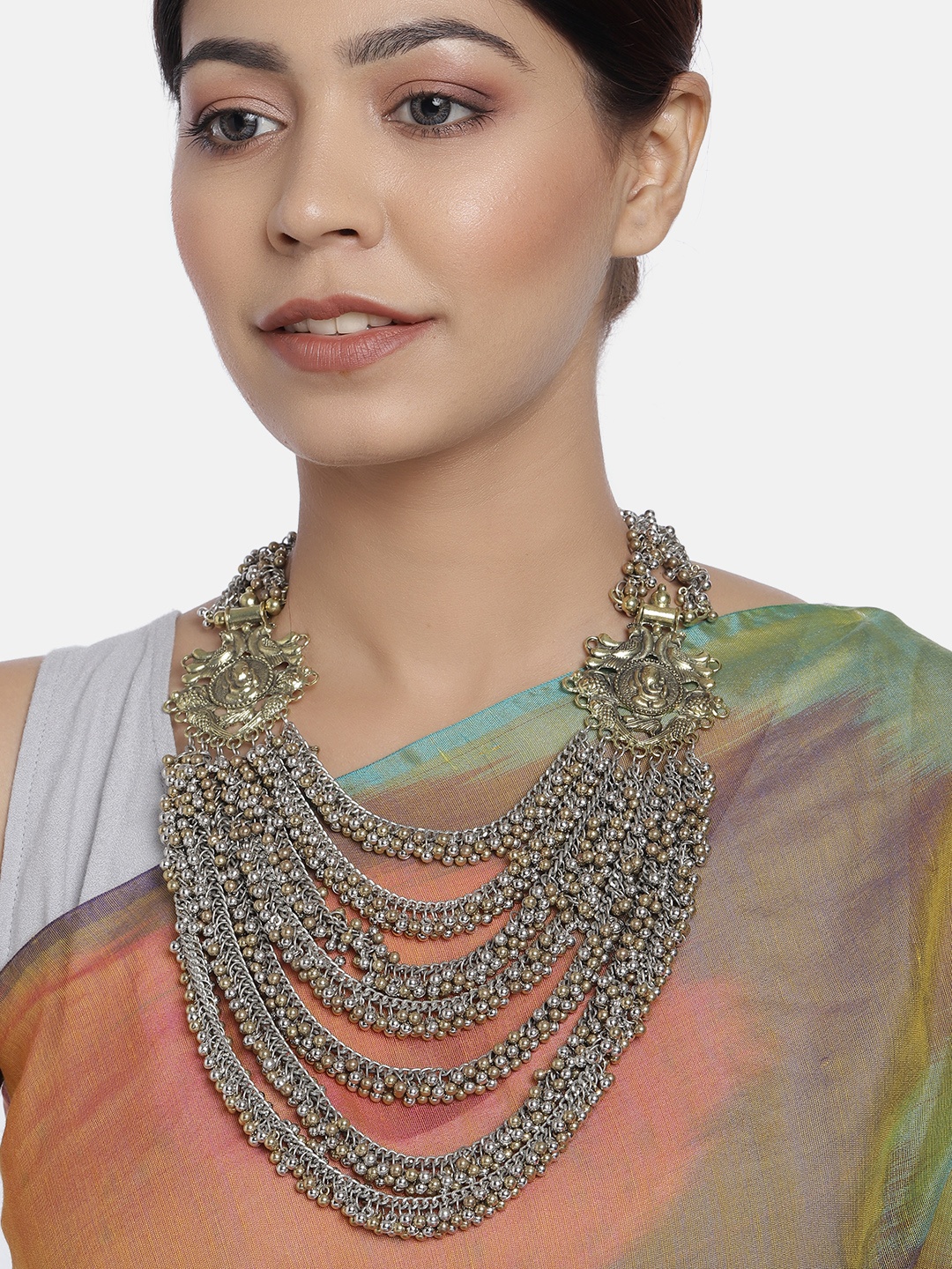 

justpeachy Women Antique Gold & Silver-Toned Layered Long Necklace