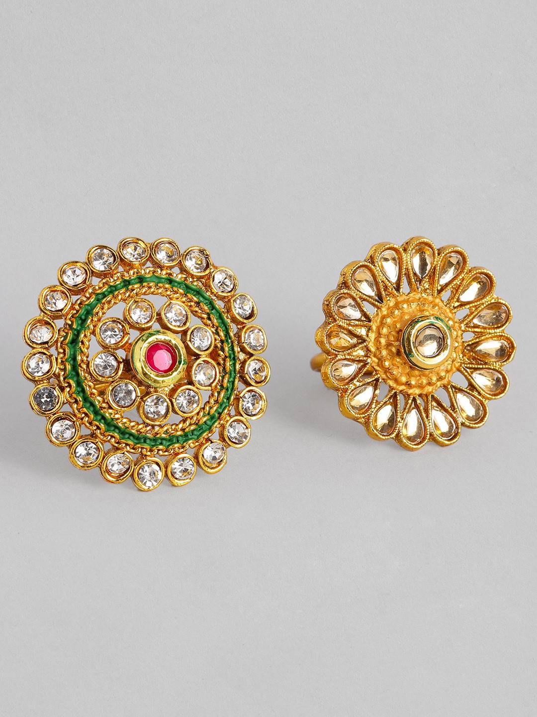 

justpeachy Set of 2 Women Gold-Toned Stone Studded Adjustable Finger Rings