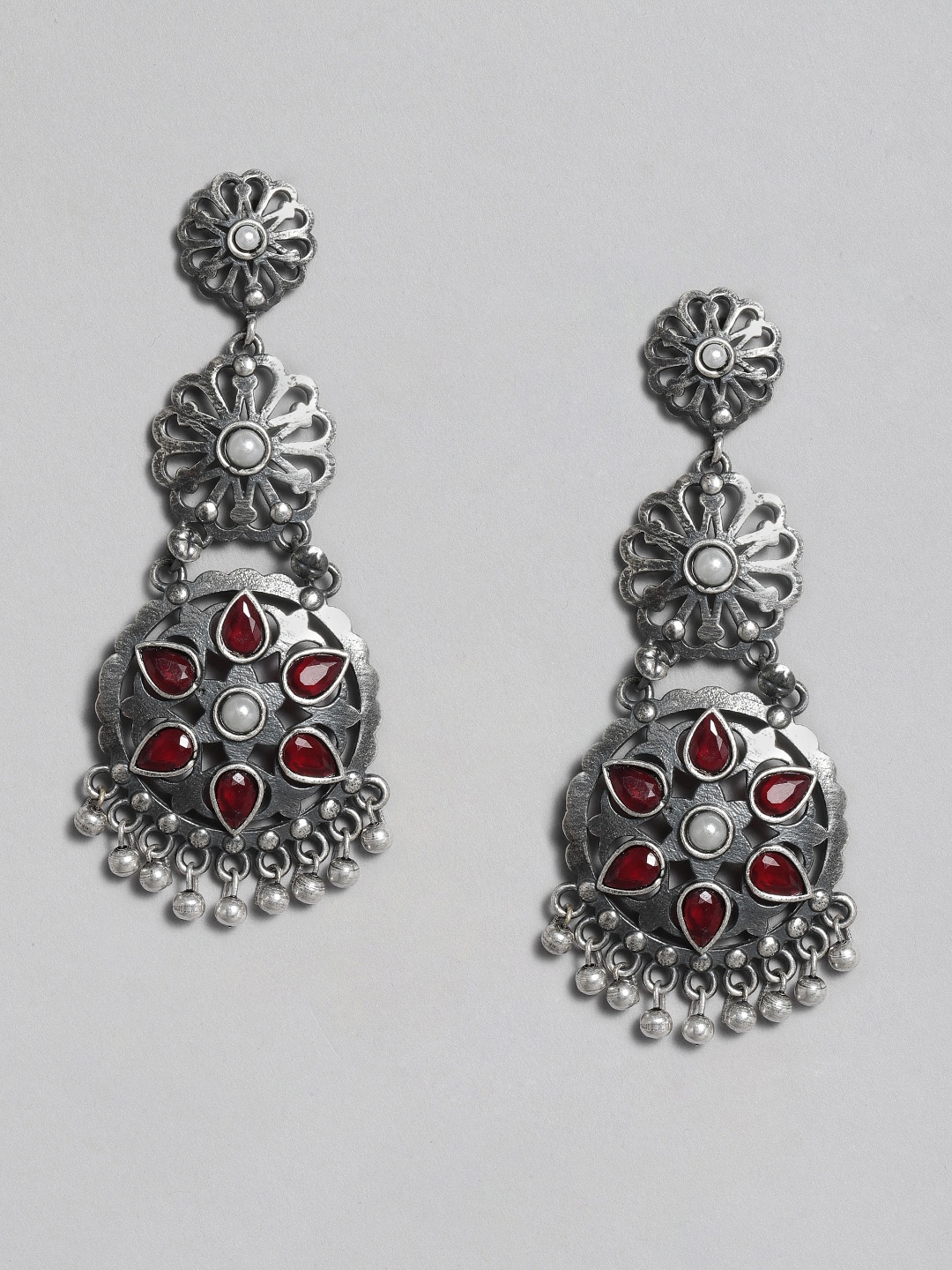 

justpeachy Red Silver-Plated Circular Drop Earrings