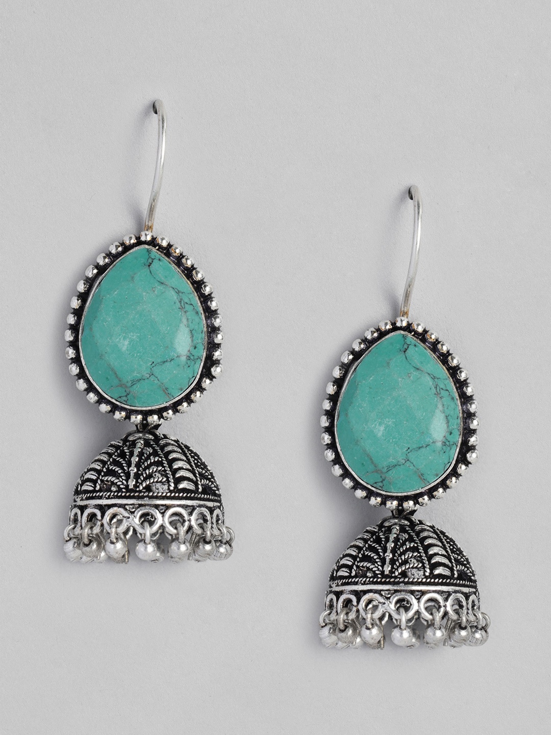 

justpeachy Green Silver Plated Dome Shaped Drop Earrings