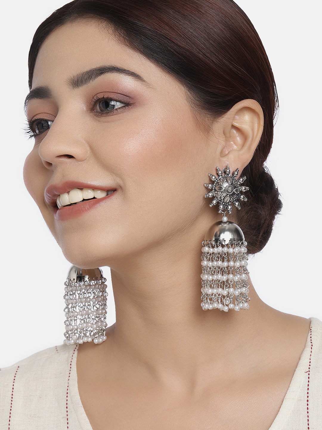 

justpeachy Silver Plated Oxidised Dome Shaped Drop Earrings