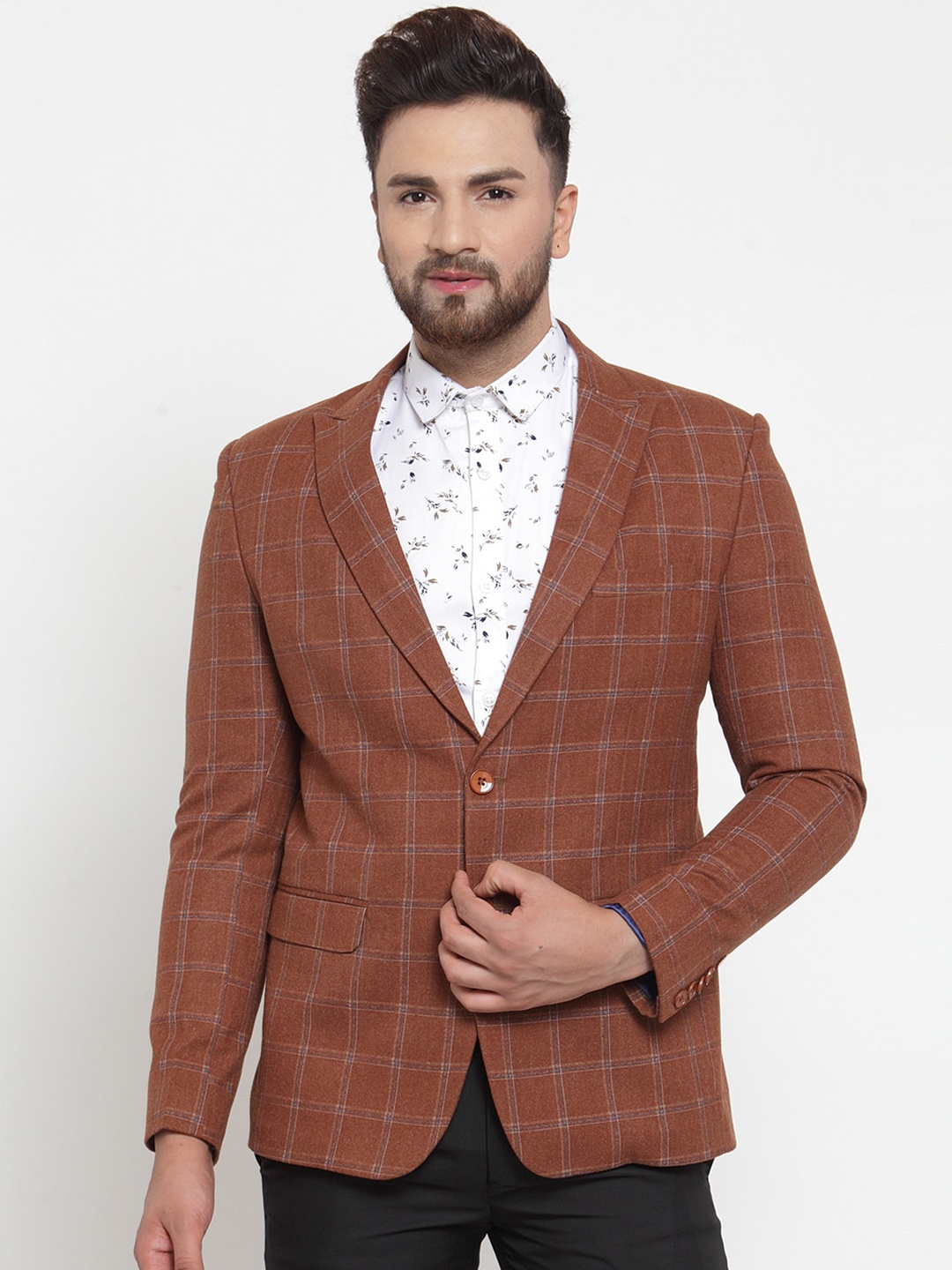 

MAXENCE Men Rust Brown Checked Slim Fit Single-Breasted Formal Blazer