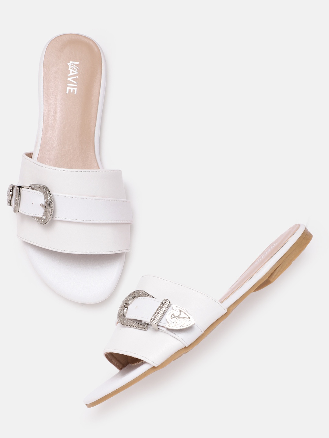

Lavie Women White Solid Open Toe Flats with Buckle Detail
