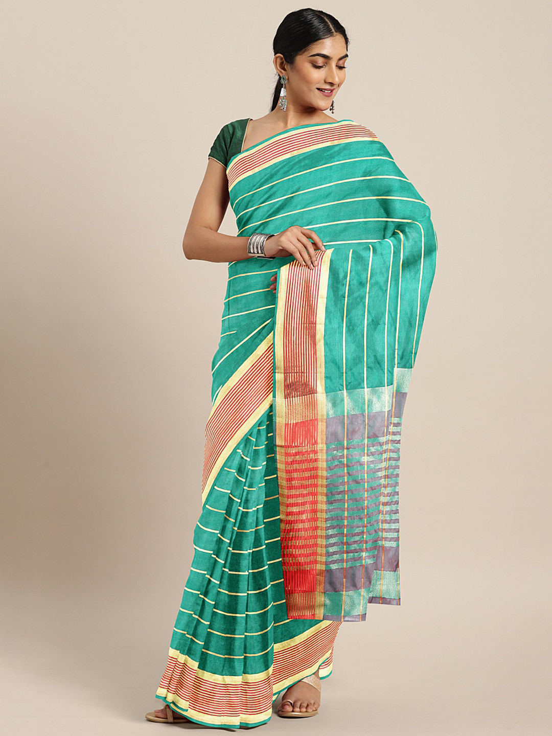 

KALINI Turquoise Blue & Gold-Toned Striped Chanderi Saree
