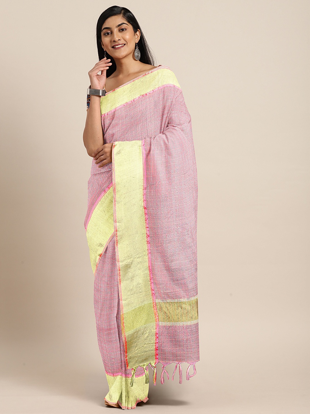 

KALINI Pink Solid Chanderi Saree