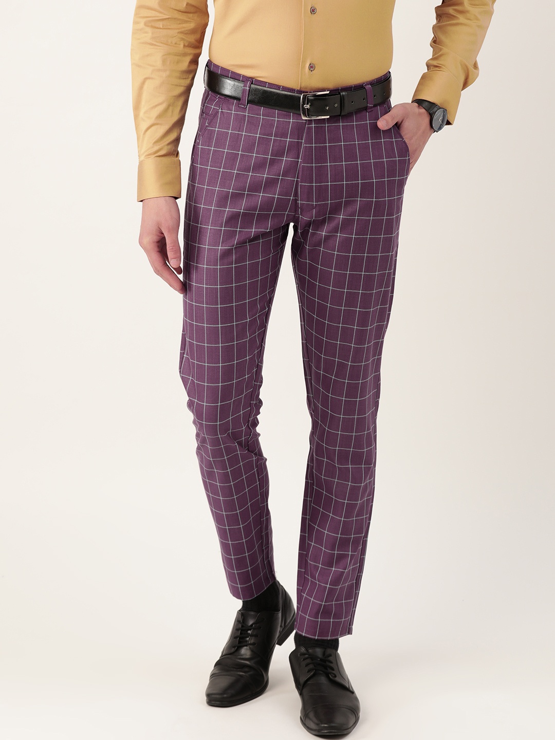 

SOJANYA Men Purple & Blue Checked Smart Regular Fit Formal Trousers
