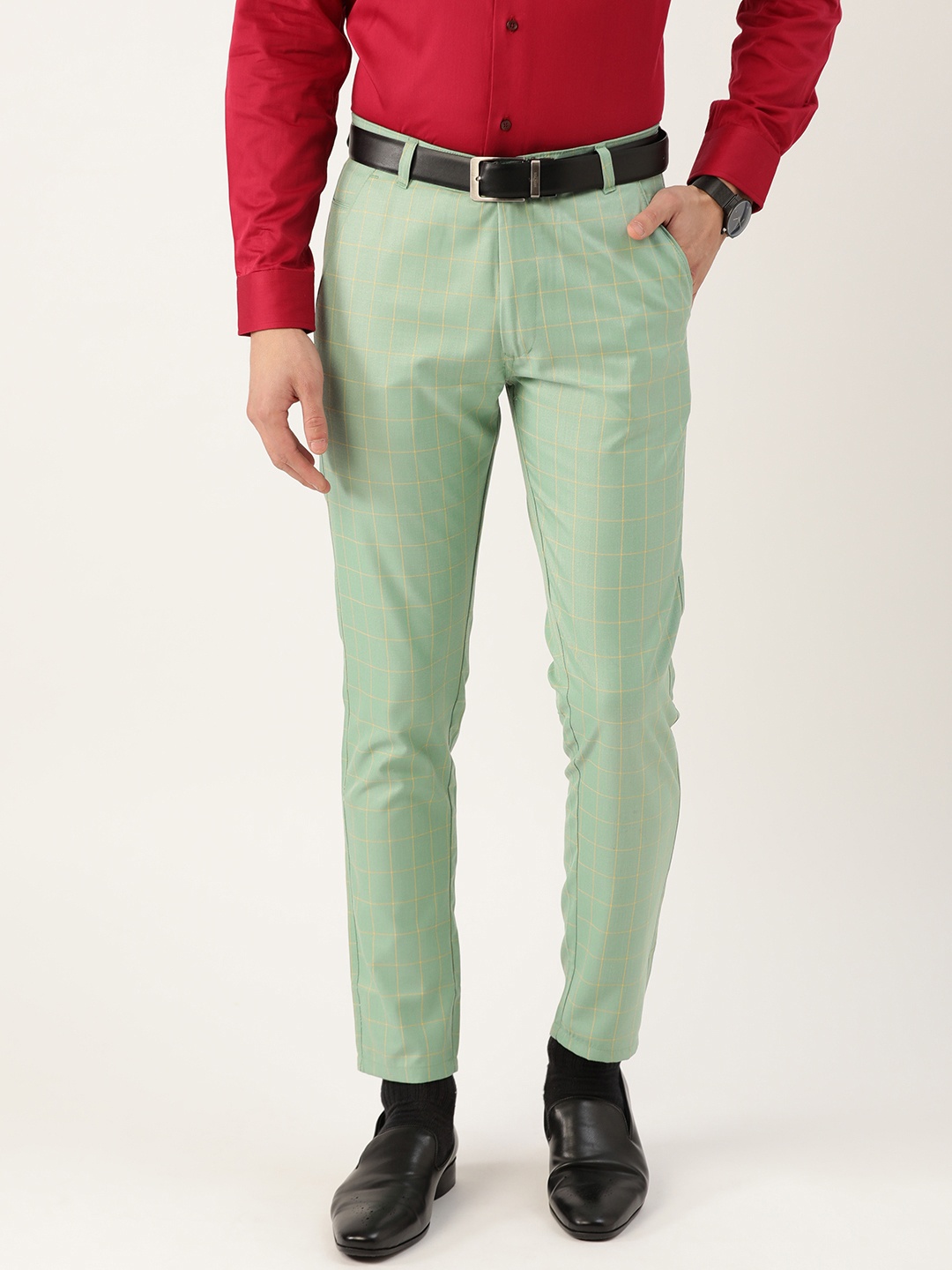 

SOJANYA Men Sea Green & Yellow Smart Fit Checked Formal Trousers