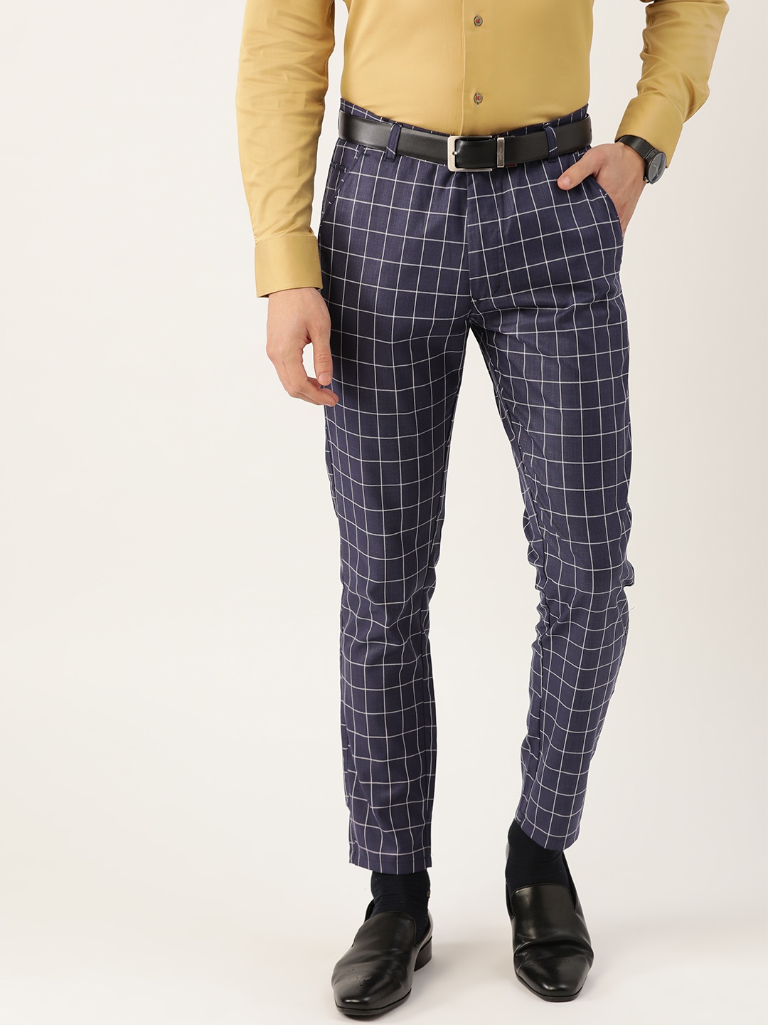 

SOJANYA Men Navy Blue & Off-White Checked Smart Regular Fit Formal Trousers