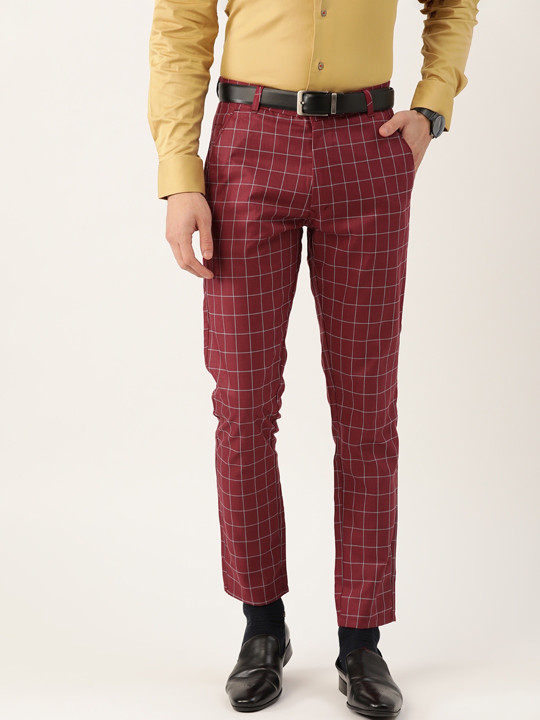 

SOJANYA Men Maroon & Blue Smart Fit Checked Crop Trousers