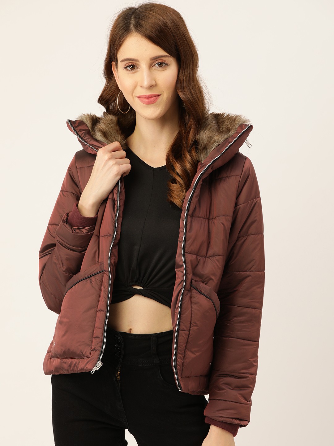 Duke Women Wine-Coloured Solid Hooded Padded Jacket, Burgundy