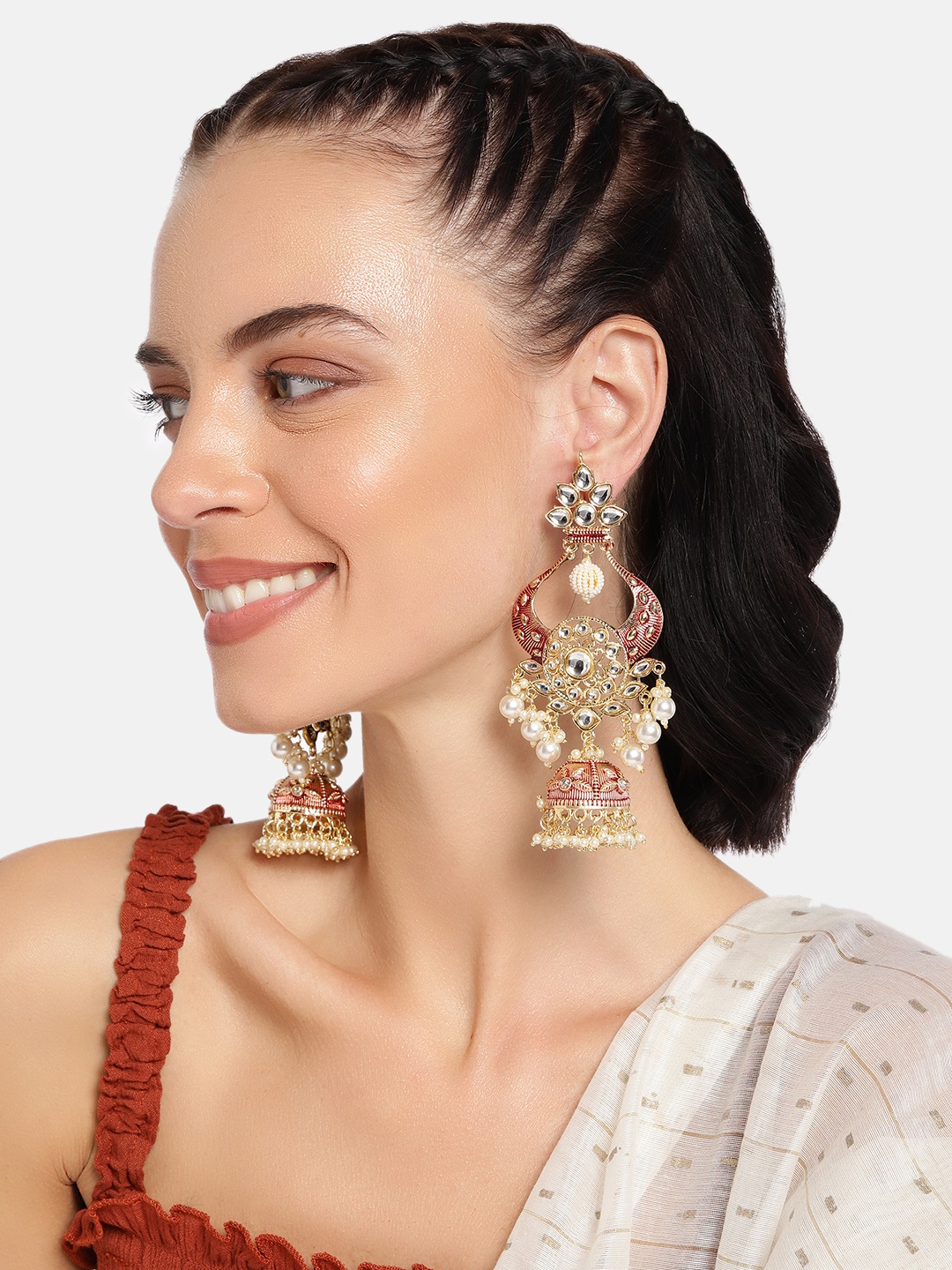 

I Jewels Maroon Gold-Plated Enamelled Dome Shaped Jhumkas