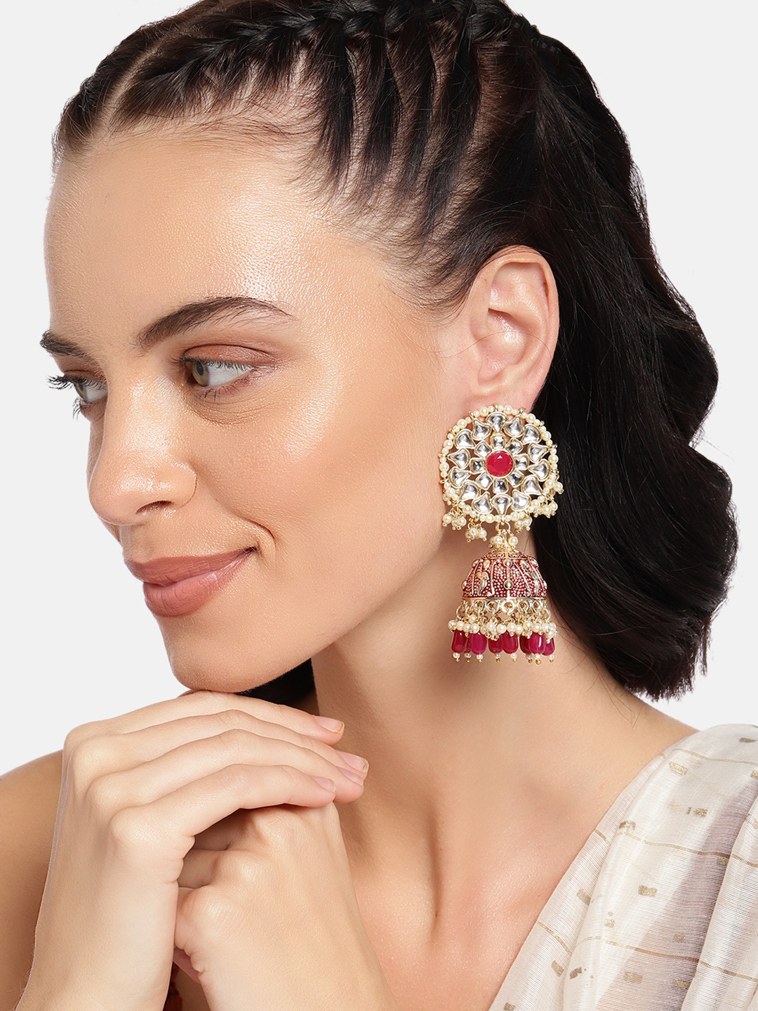 

I Jewels Maroon Gold-Plated Kundan Studded Dome Shaped Jhumkas