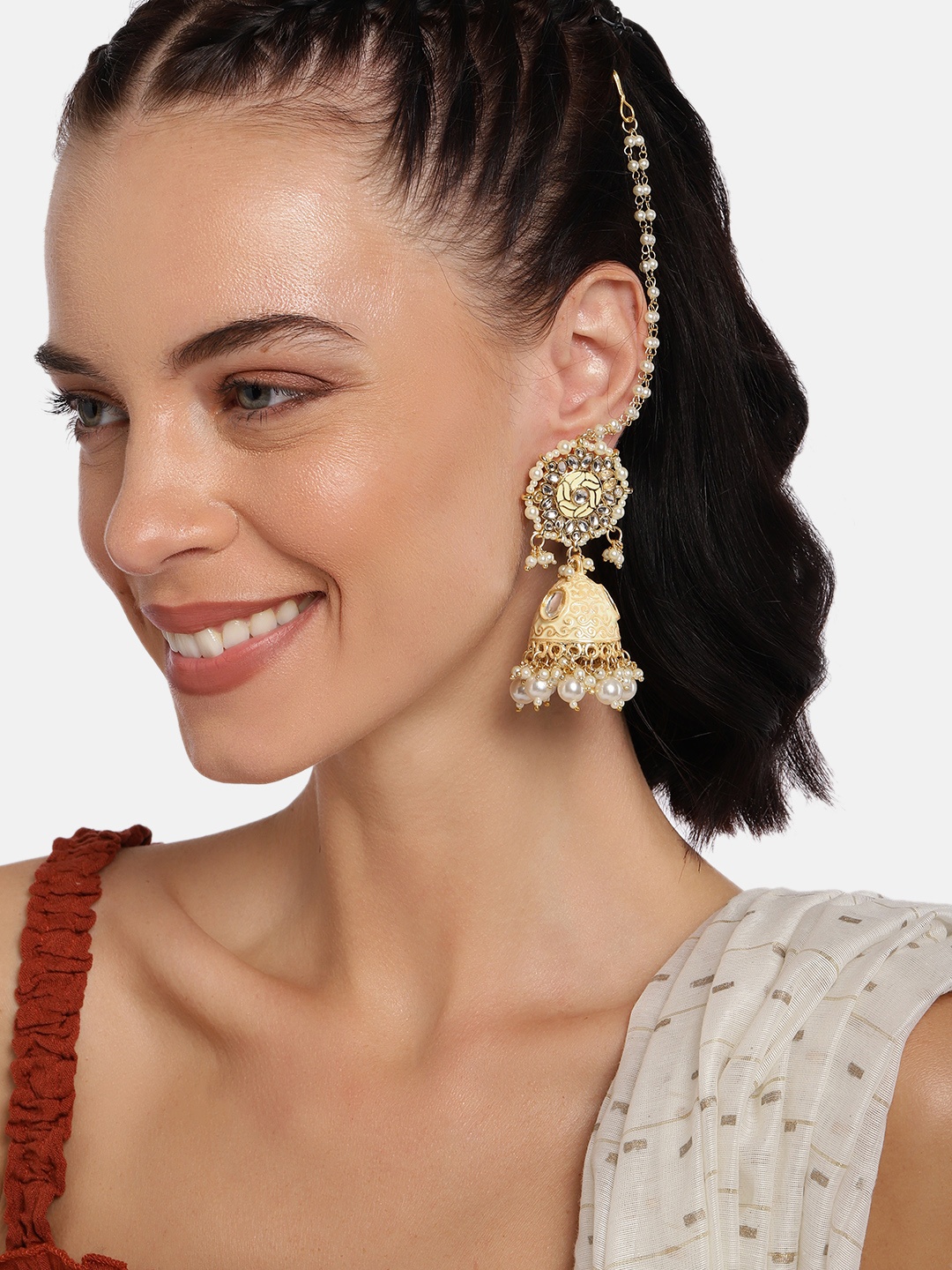 

I Jewels Gold-Plated Dome Shaped Jhumkas with Detachable Ear Chain