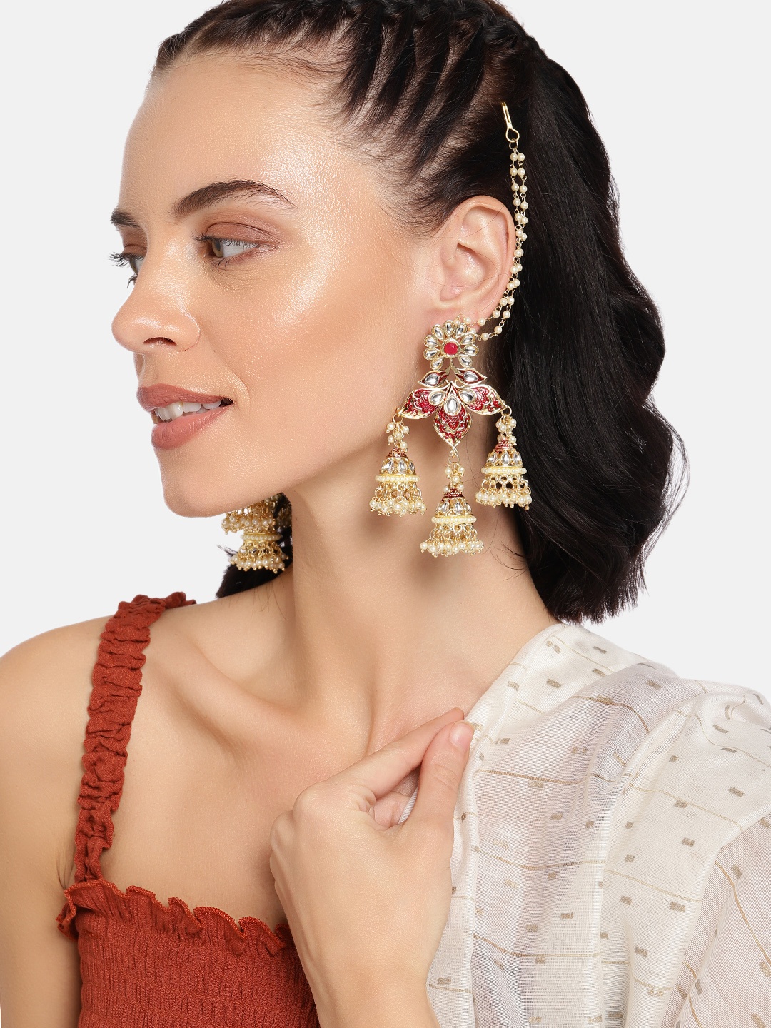 

I Jewels Maroon Gold-Plated Enamelled Dome Shaped Jhumkas with Earchains