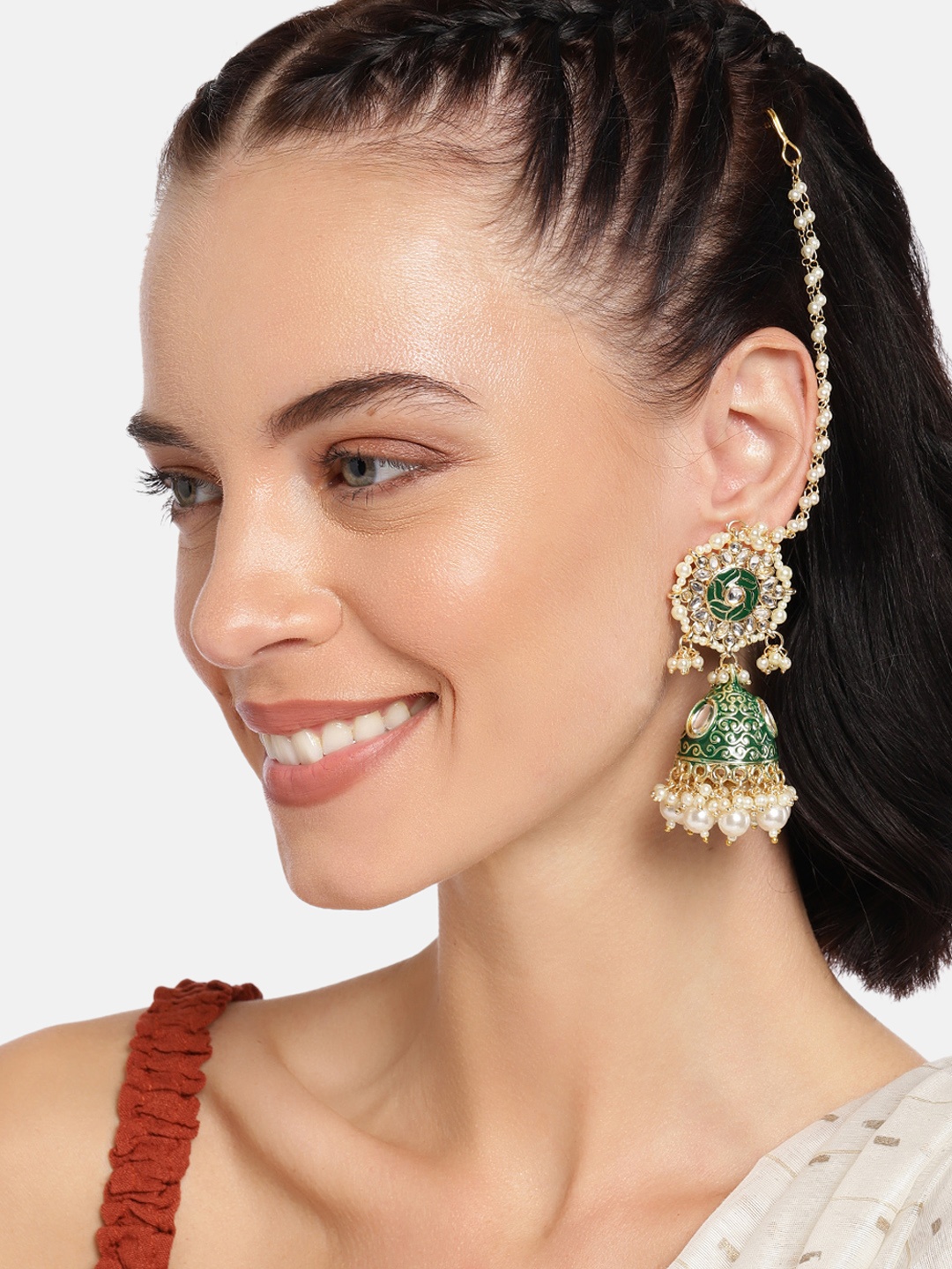 

I Jewels Gold-Plated & Green Dome Shaped Jhumkas with Detachable Ear Chain