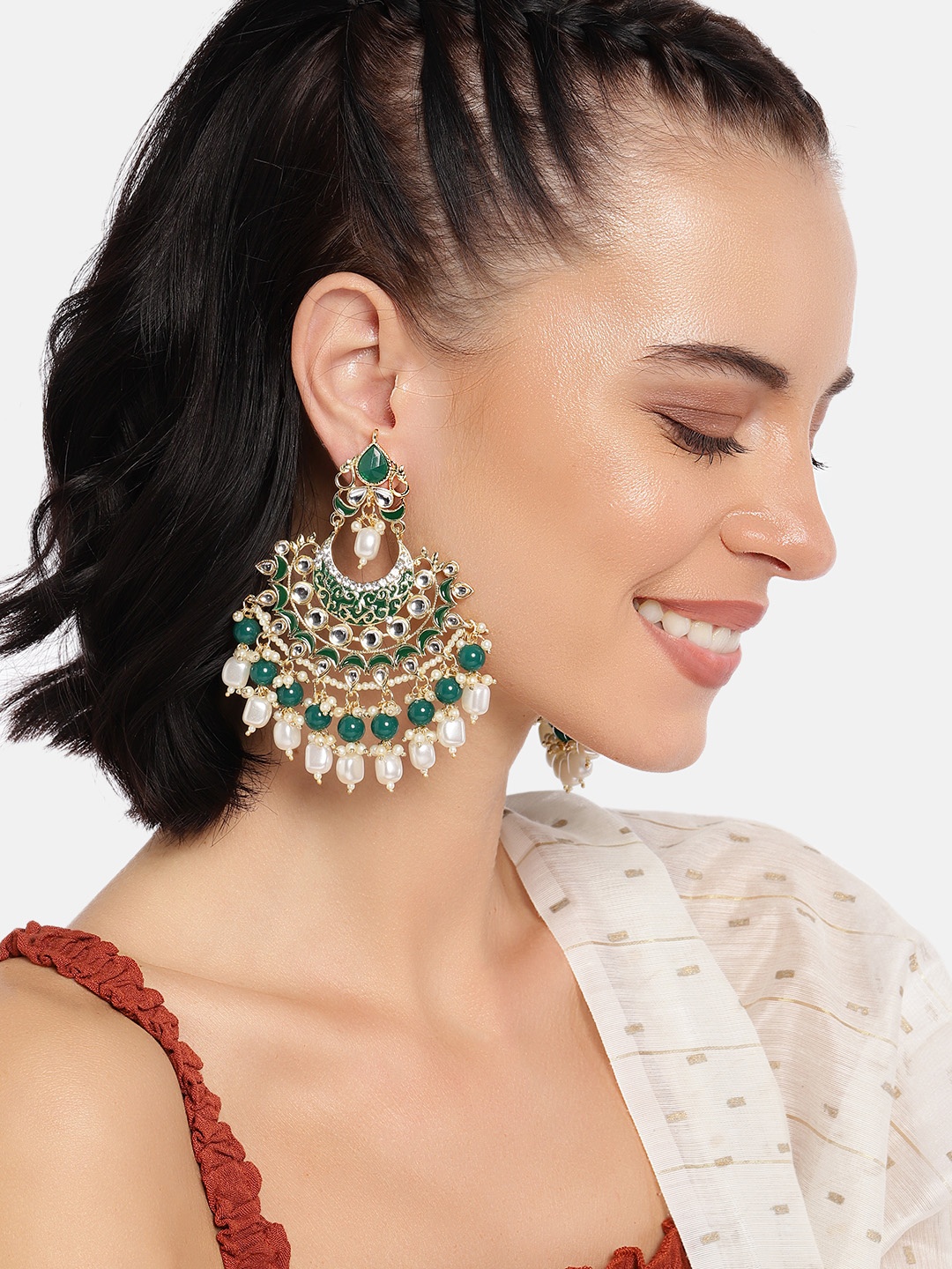 

I Jewels Gold-Plated & Green Embellished Classic Chandbalis