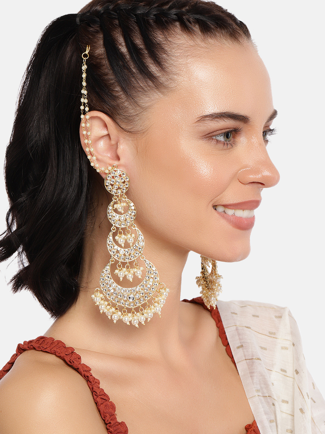 

I Jewels Gold-Plated Embellished Crescent Shaped Chandbalis With Ear Chain