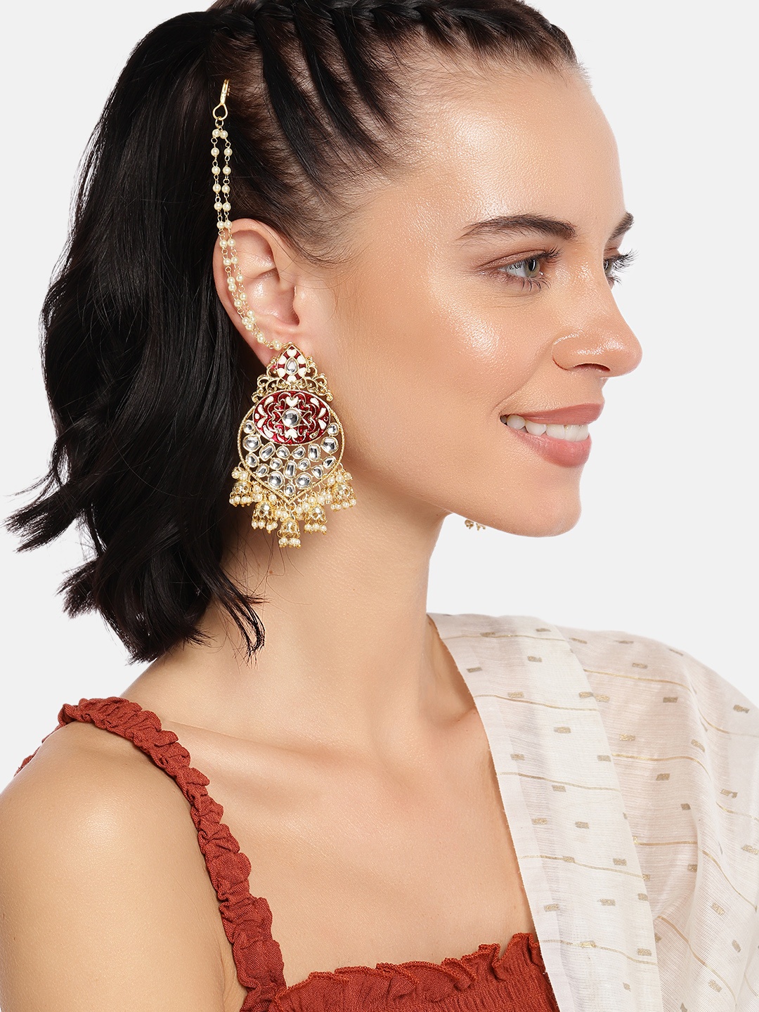 

I Jewels Gold-Plated & Maroon Classic Drop Earrings with Ear Chain
