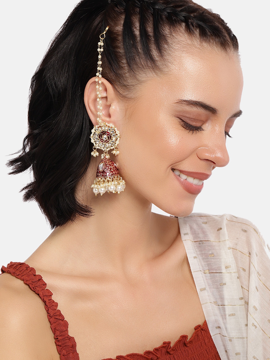 

I Jewels Maroon Gold-Plated Enamelled Dome Shaped Jhumkas with Earchains