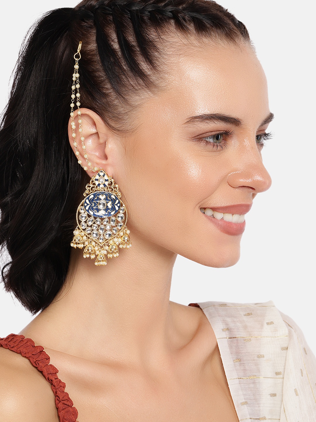 

I Jewels Gold-Plated & Blue Classic Chandbalis with Ear Chain