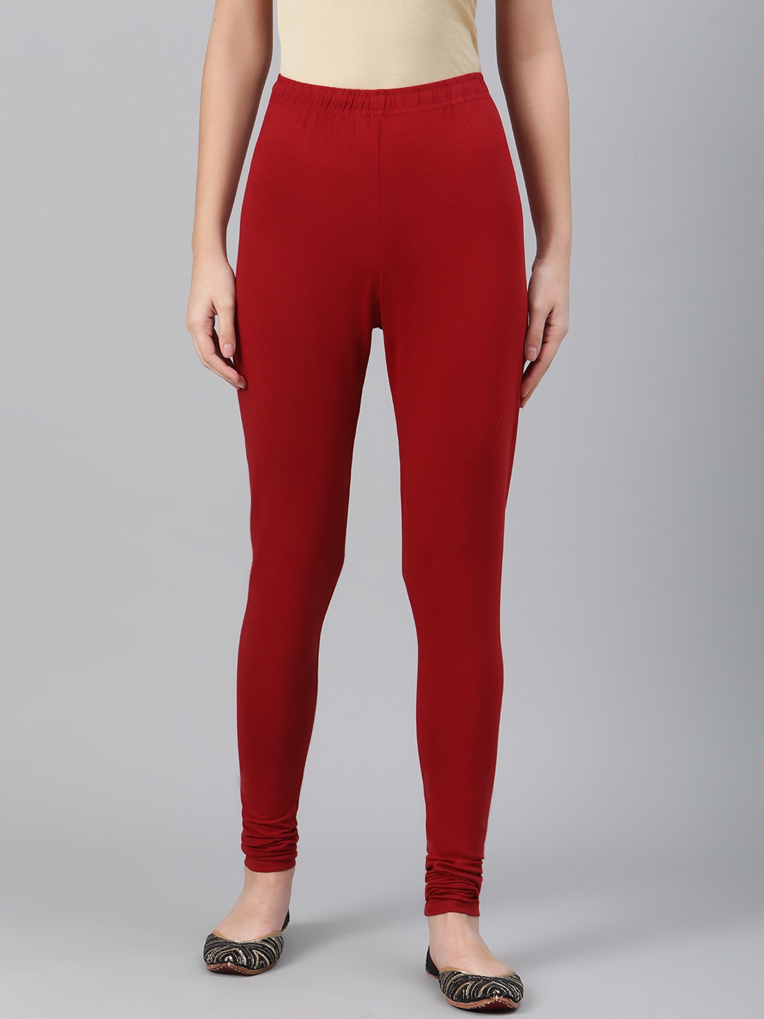 

Biba Women Off-White Maroon Churidar-Length Leggings