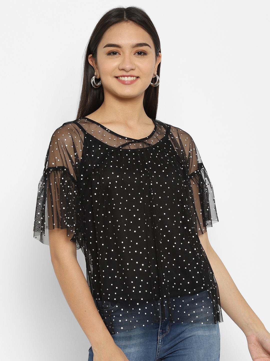 

HOUSE OF KKARMA Women Black Dot Mesh Embellished Top