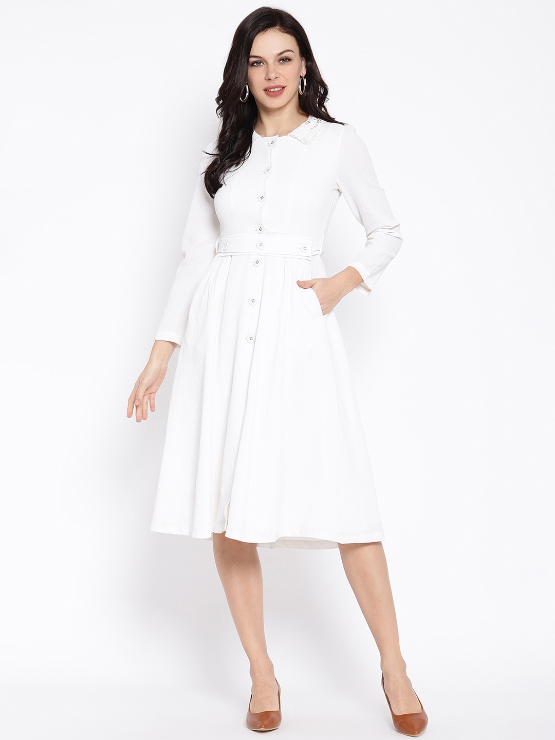 

HOUSE OF KKARMA Women White Solid Shirt Dress