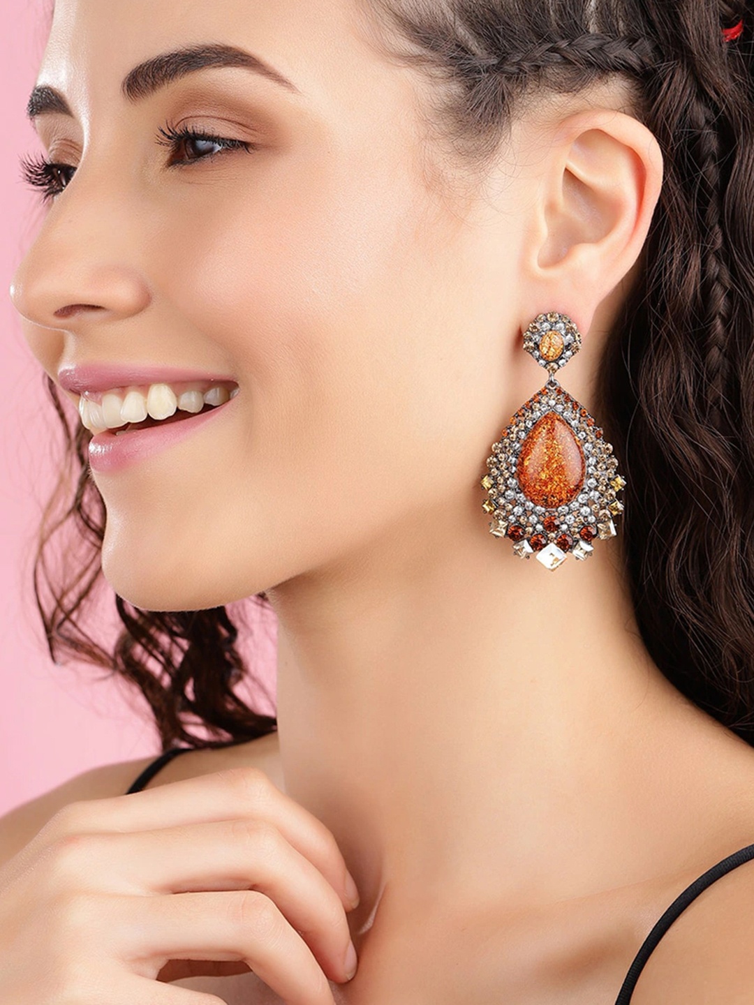 

TOKYO TALKIES X rubans FASHION ACCESSORIES Silver-Toned & Brown Teardrop Shaped Studs
