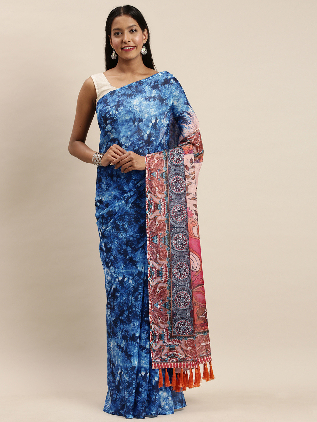 

VASTRANAND Blue & Beige Linen Blend Printed Saree