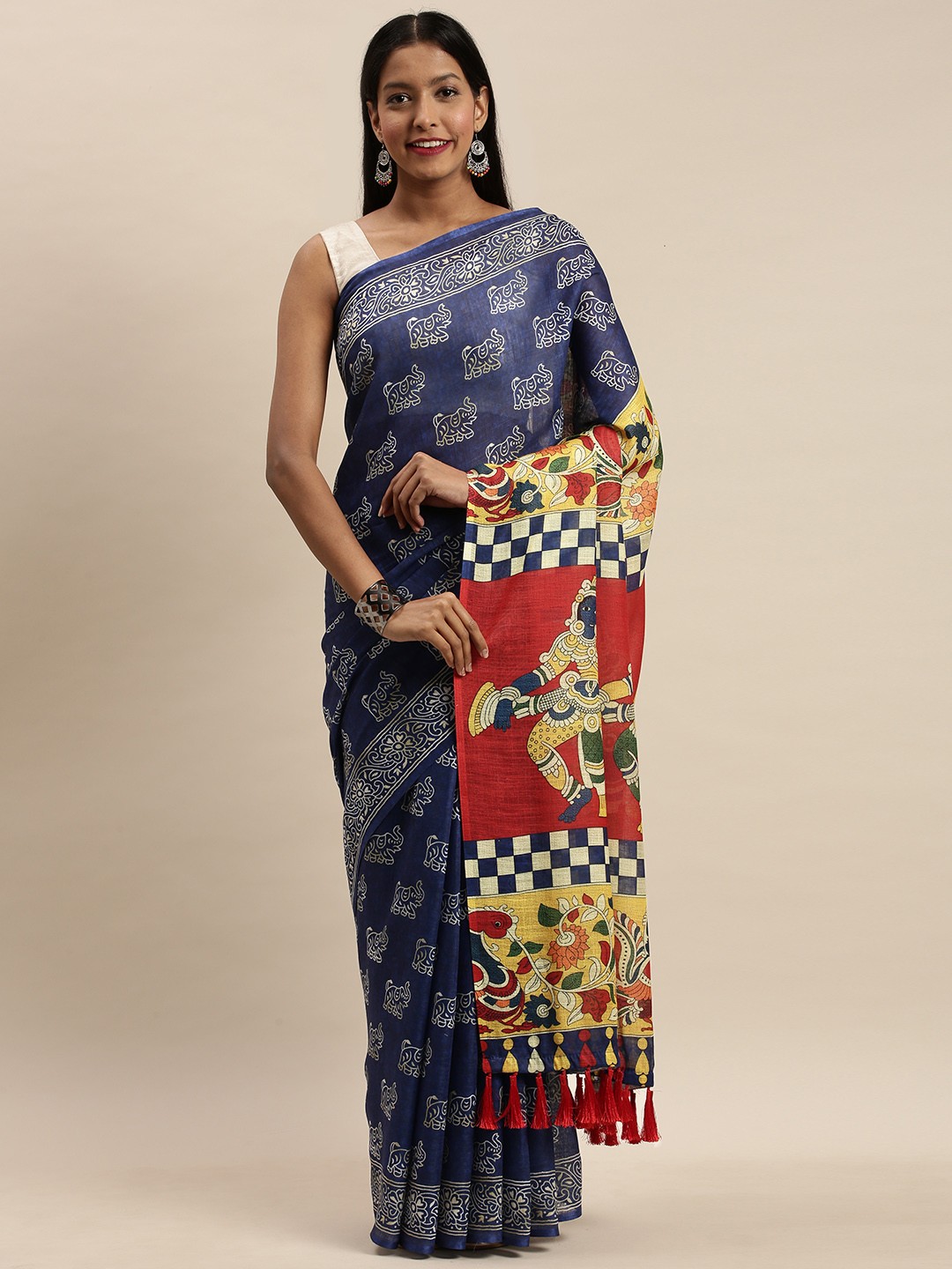 

VASTRANAND Blue & Red Printed Bagru Saree