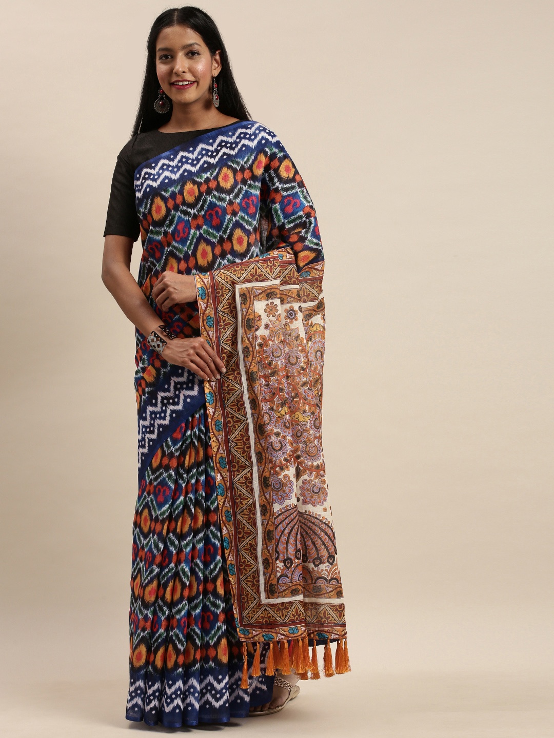 

VASTRANAND Multicoloured Linen Blend Printed Ikat Saree, Blue