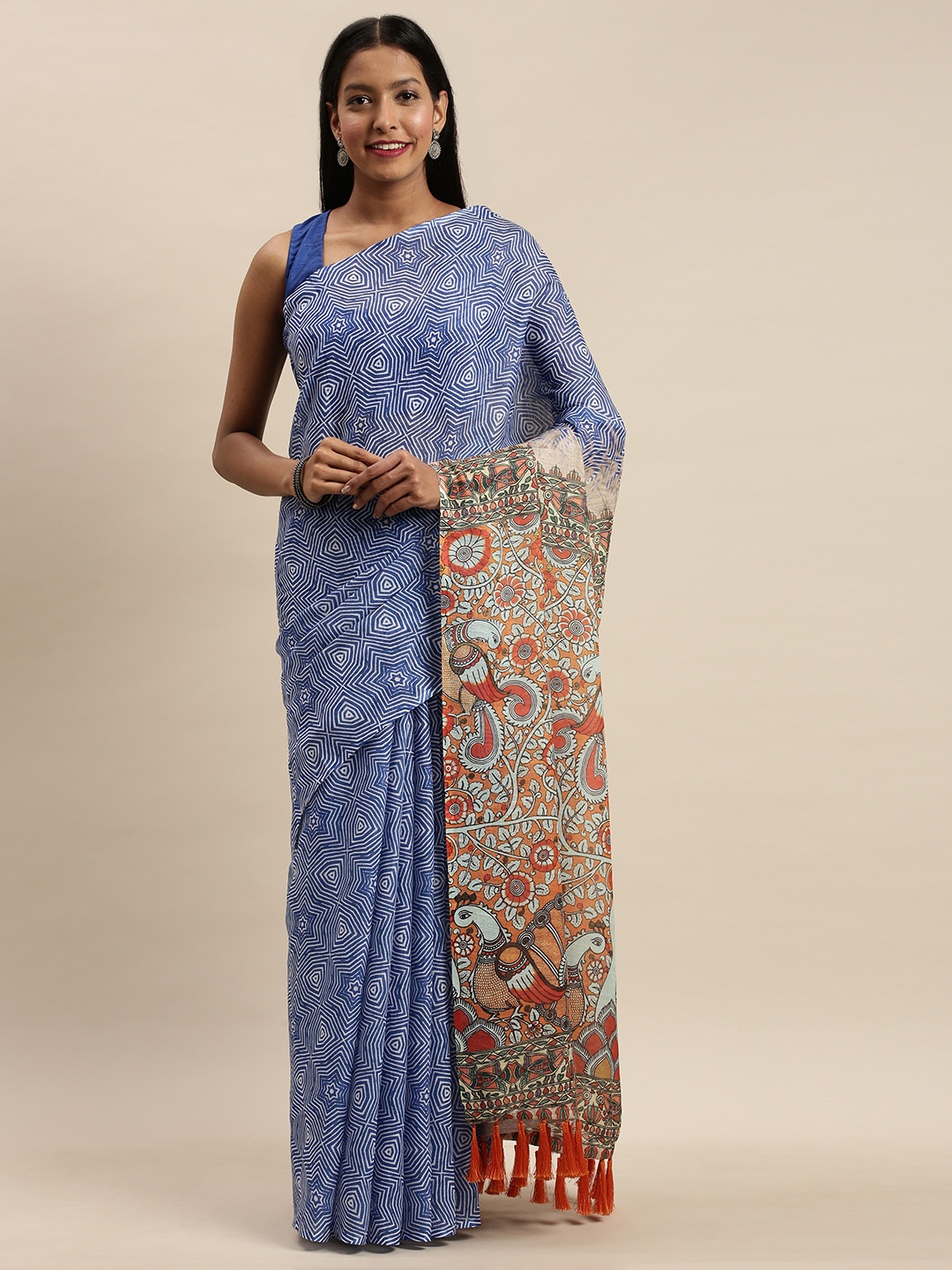 

VASTRANAND Blue & White Linen Blend Printed Bagru Celebrity Saree