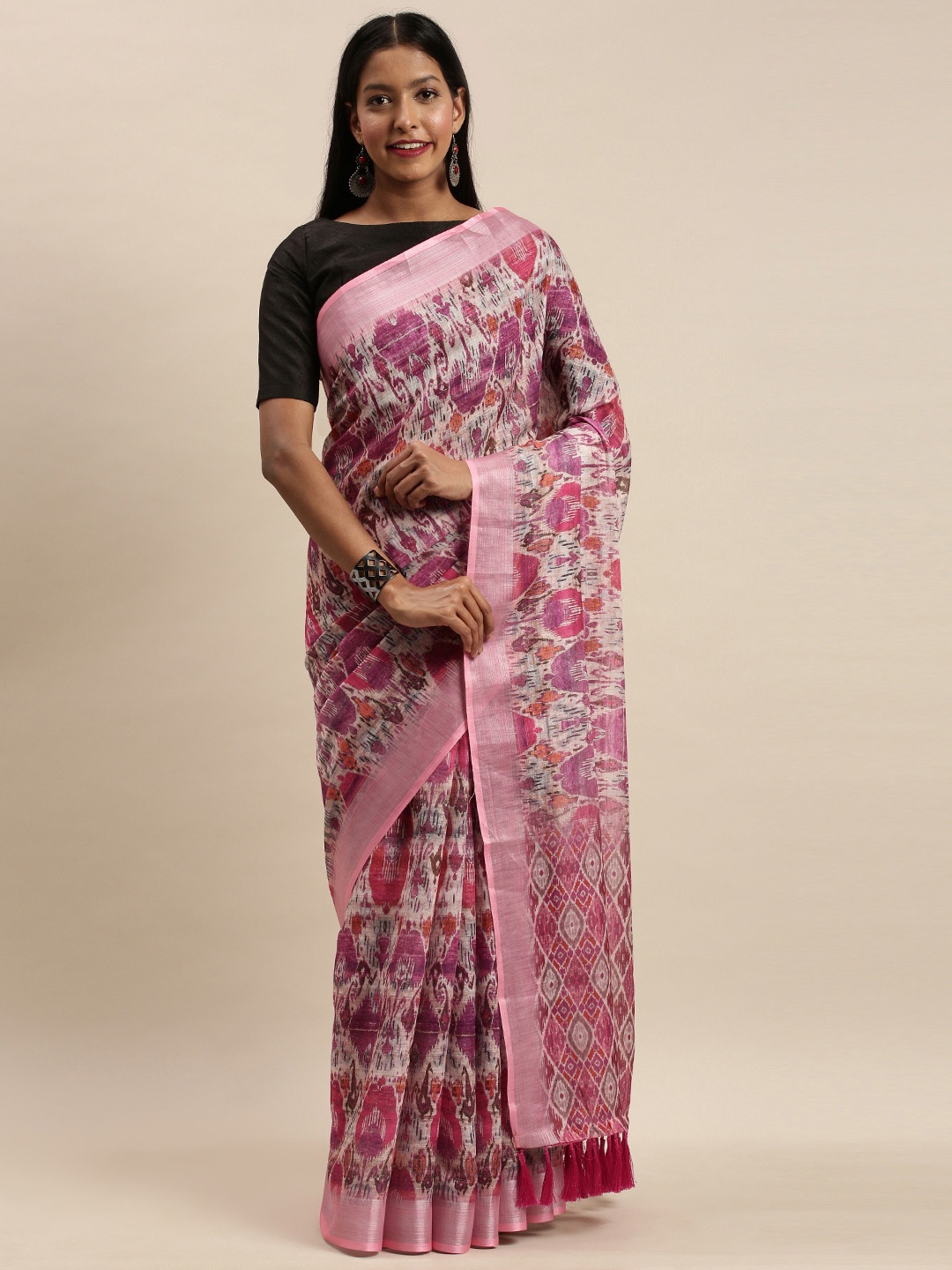 

VASTRANAND Pink Printed Linen Blend Saree