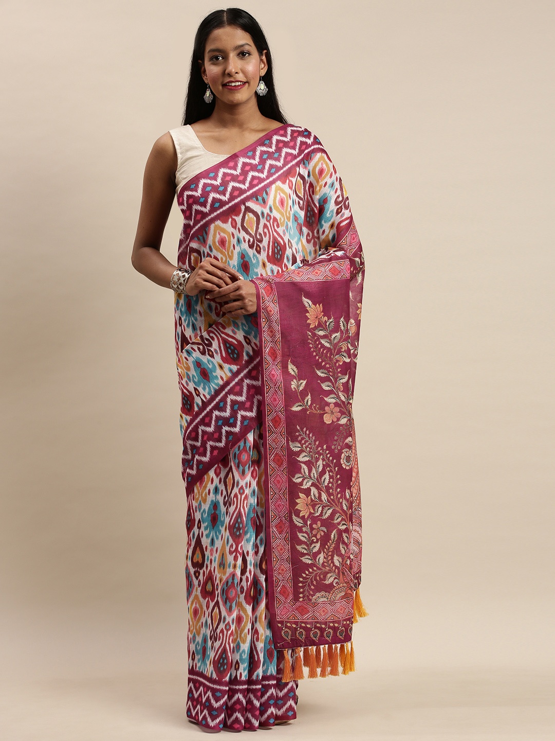 

VASTRANAND White & Magenta Linen Blend Printed Ikat Saree