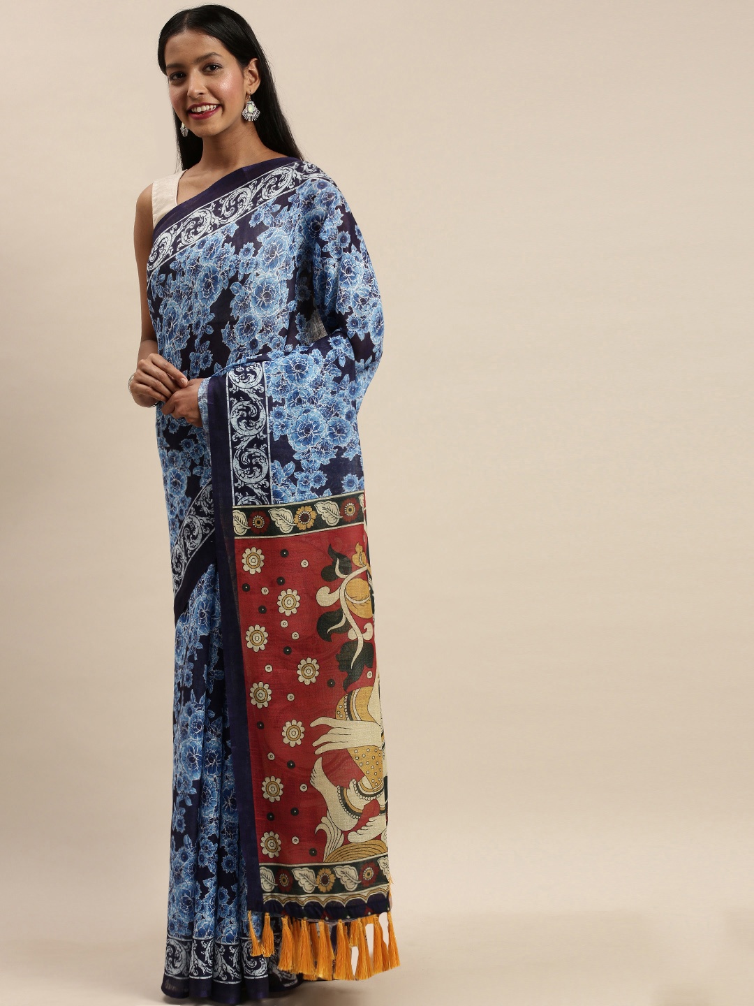 

VASTRANAND Blue Linen Blend Printed Bagru Saree