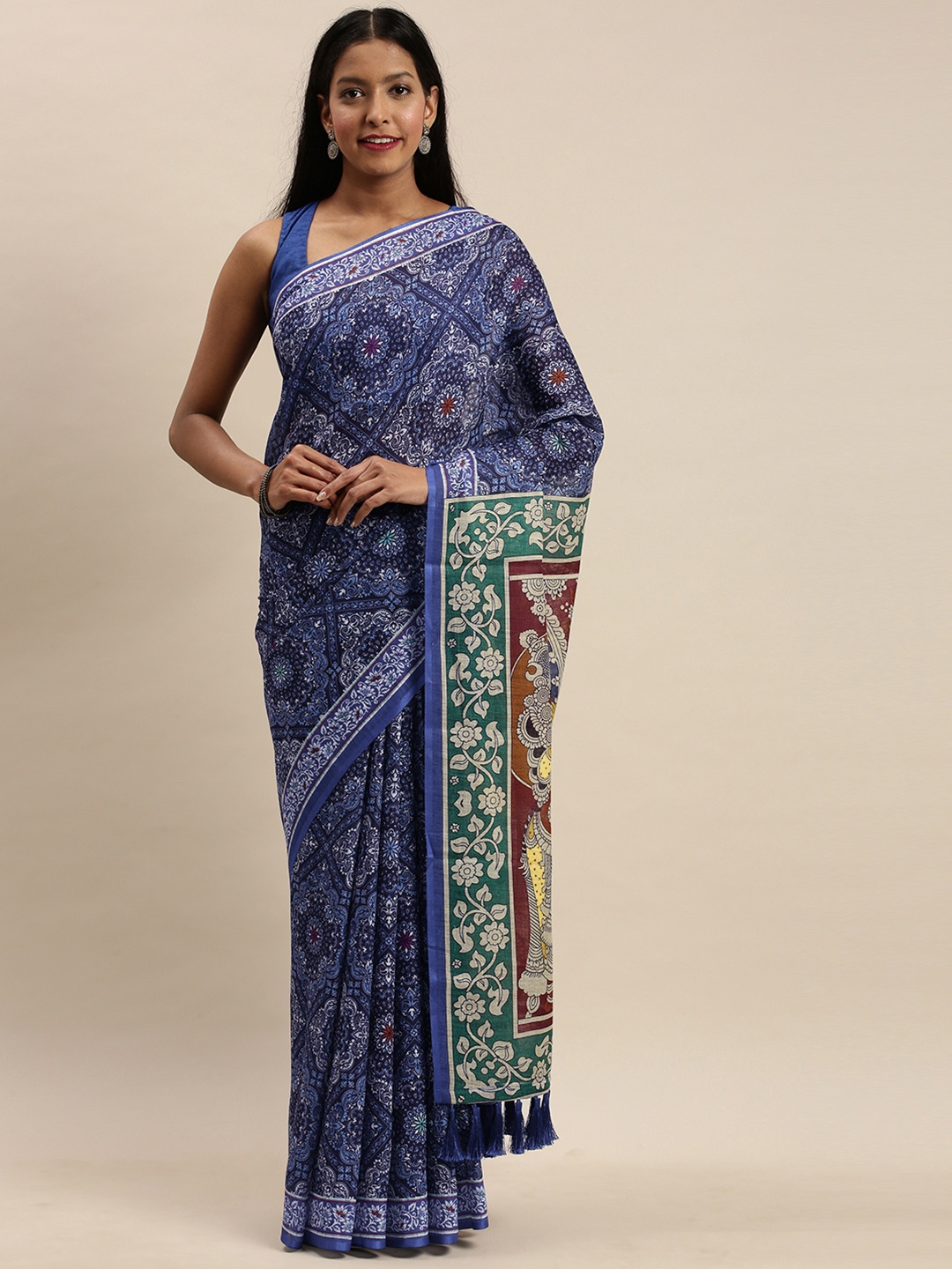 

VASTRANAND Blue Linen Blend Printed Bagru Saree