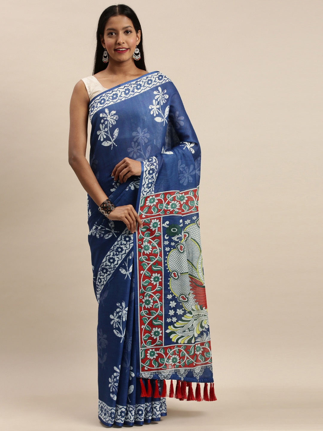 

VASTRANAND Blue Linen Blend Printed Bagru Saree