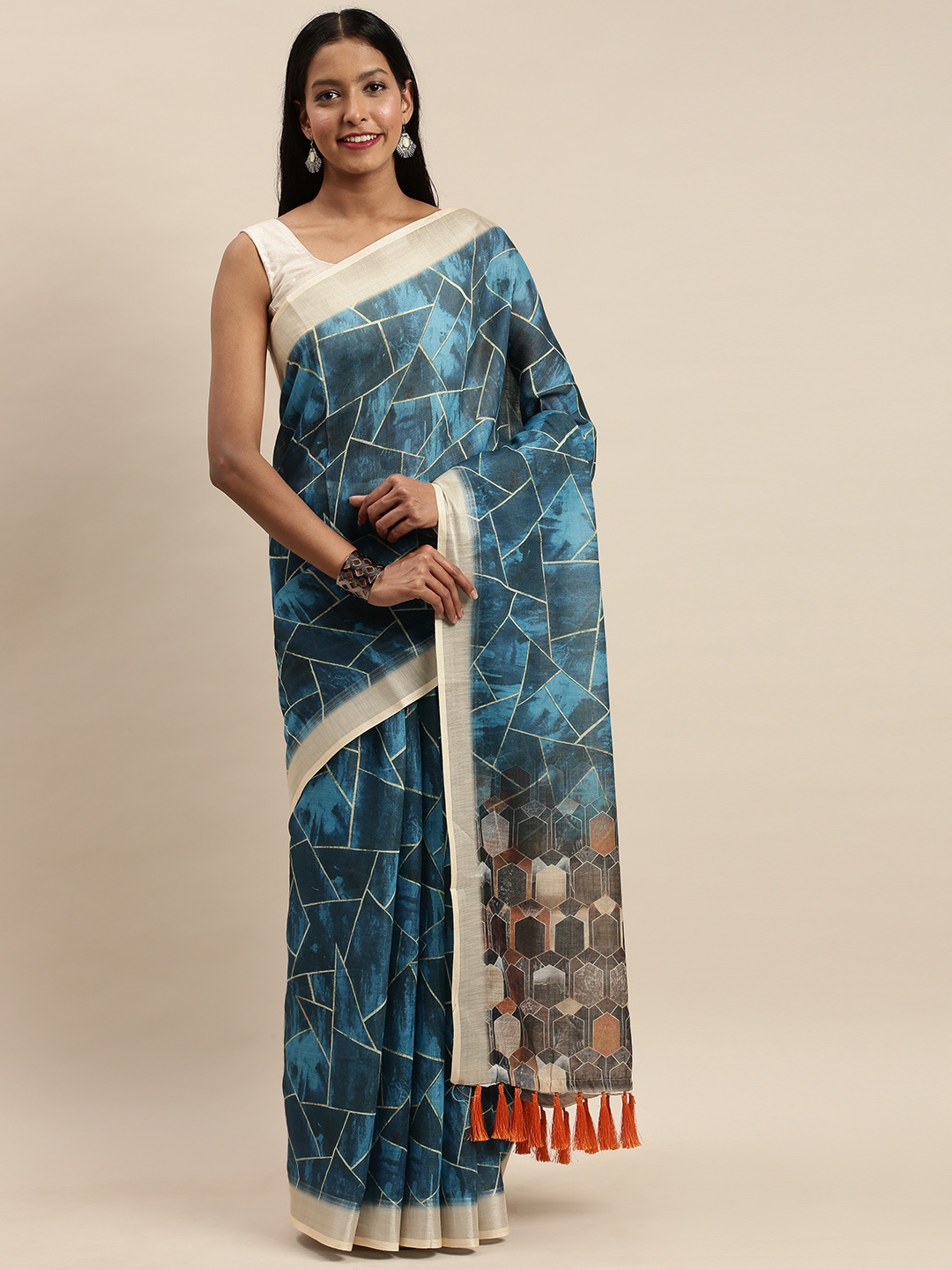 

VASTRANAND Blue Geometric Printed Linen Blend Saree